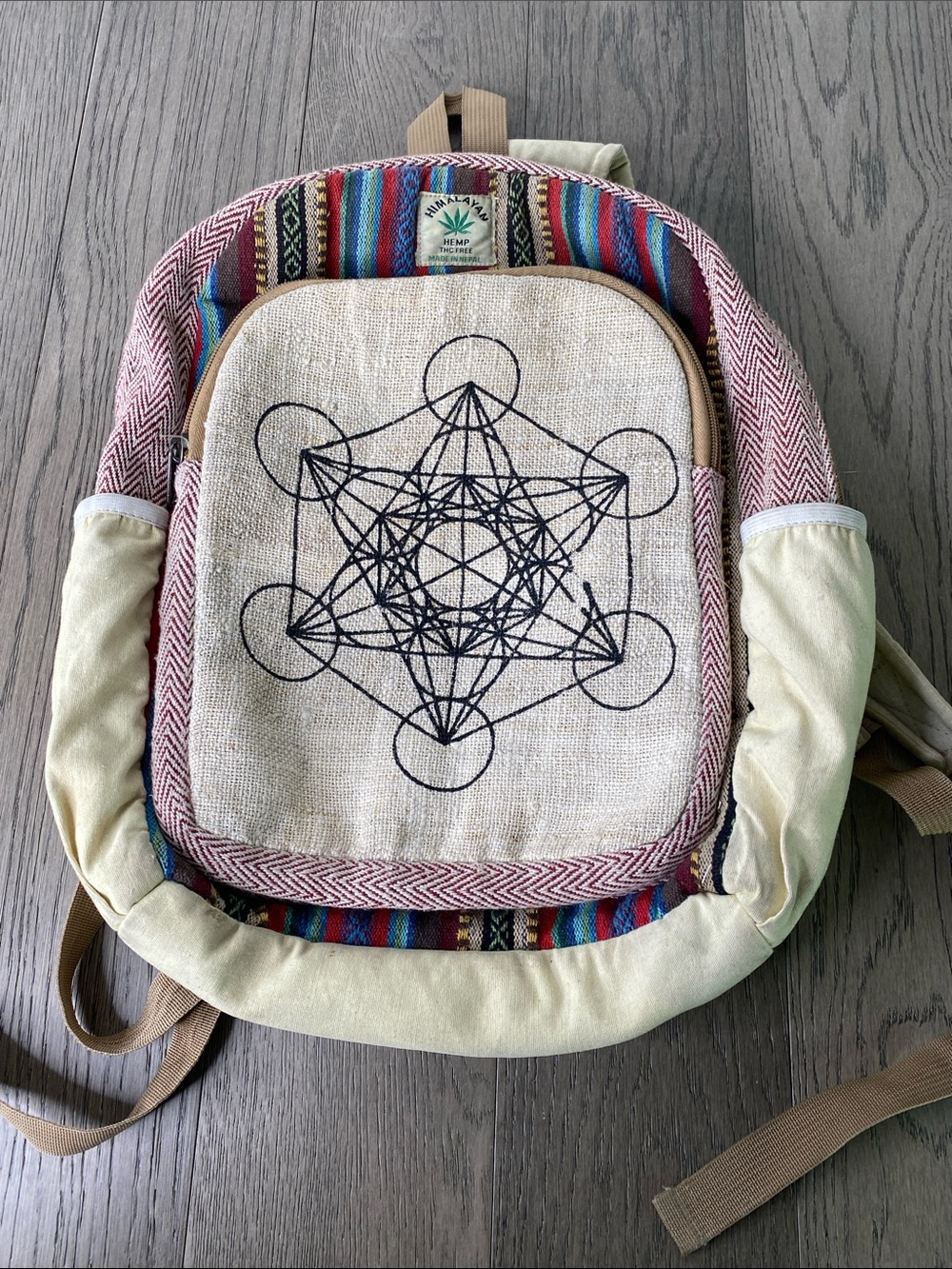 Himalayan Hemp Geometric Print Backpack - Cream and Multicolor - USED